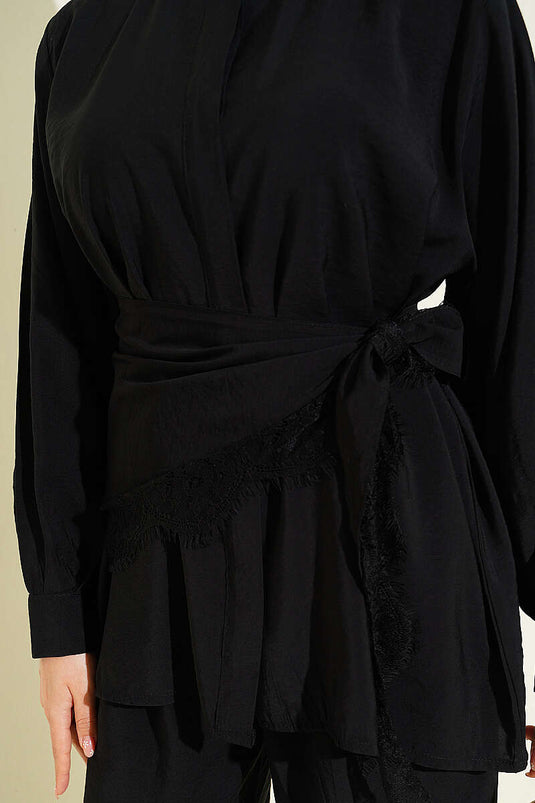 Ensemble à boutons cachés avec détail en dentelle, noir