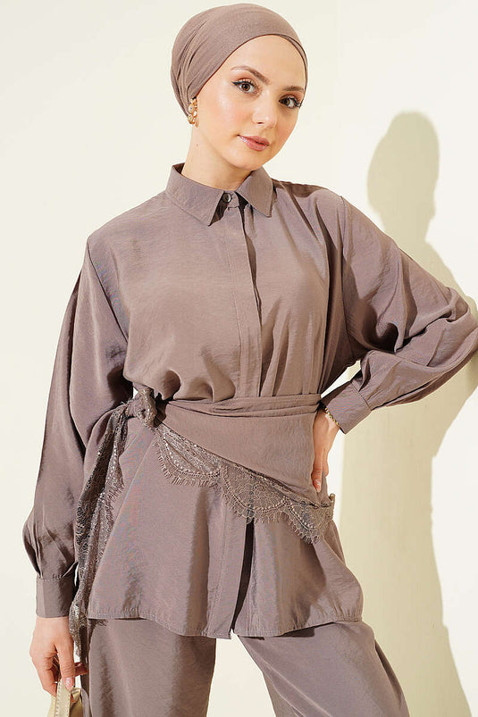 Lace Shawl Detailed Hidden Button Set Mink