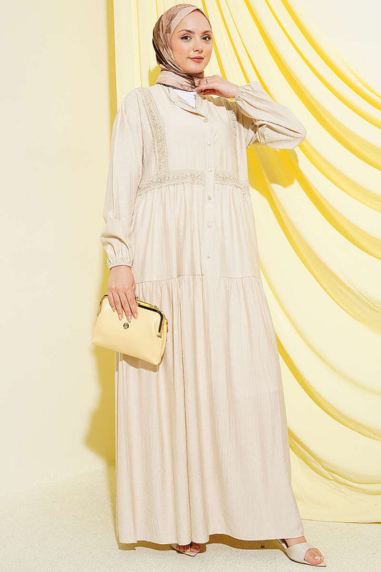 Spitzenband-Detail Knopfleiste Stufenkleid Beige