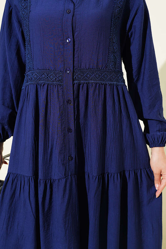 Spitzenband-Detail Knopfleiste Stufenkleid Marineblau