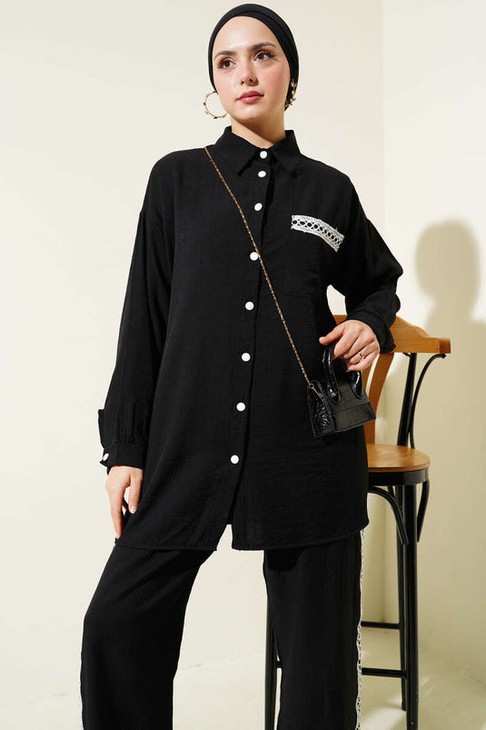 Lace Trimmed Pocket Two-Piece Set Black