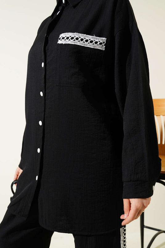 Lace Trimmed Pocket Two-Piece Set Black