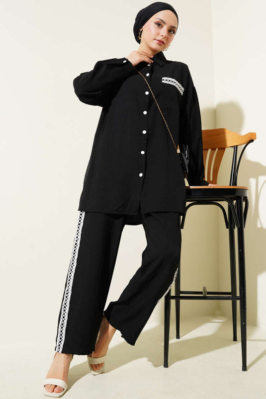 Lace Trimmed Pocket Two-Piece Set Black