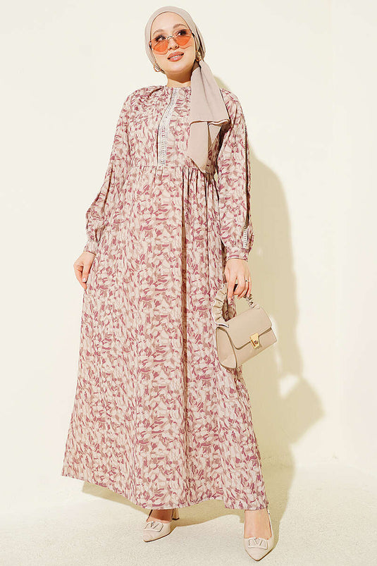 Robe À Manches Brodées Beige À Boutons