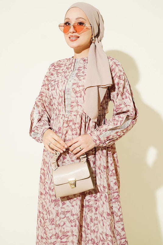 Robe À Manches Brodées Beige À Boutons
