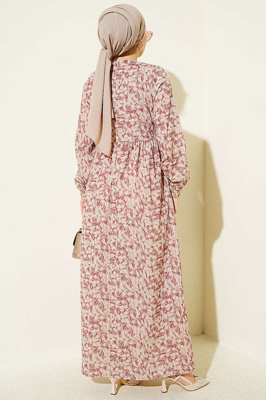 Robe À Manches Brodées Beige À Boutons