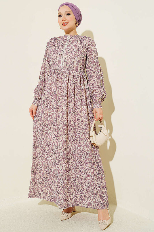 Abito Lilac Con Merletto E Polsini Bottonati
