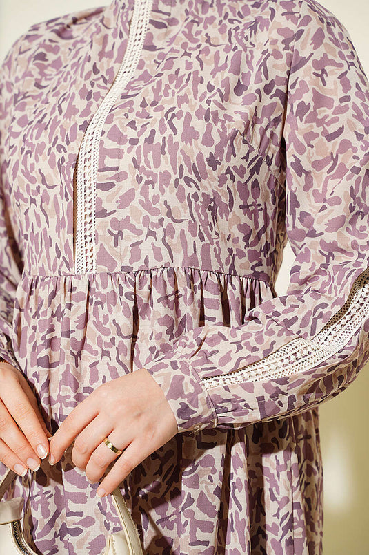 Abito Lilac Con Merletto E Polsini Bottonati