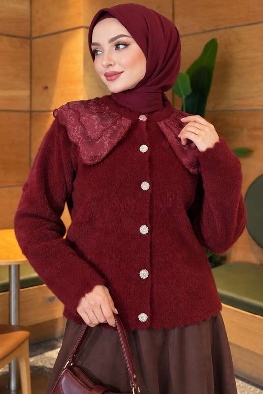 Cardigan Con Colletto In Pizzo Borgogna E Bottoni Con Dettagli Con Perline