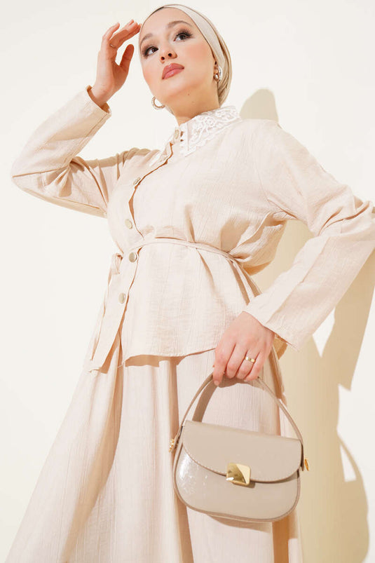 Dantel Yaka Etekli İkili Takım Bej