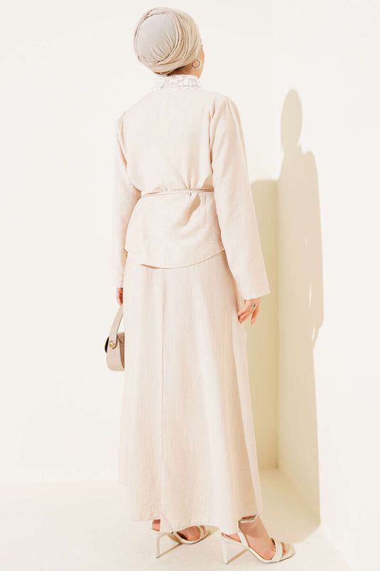 Dantel Yaka Etekli İkili Takım Bej