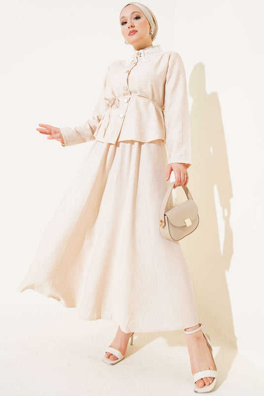 Dantel Yaka Etekli İkili Takım Bej