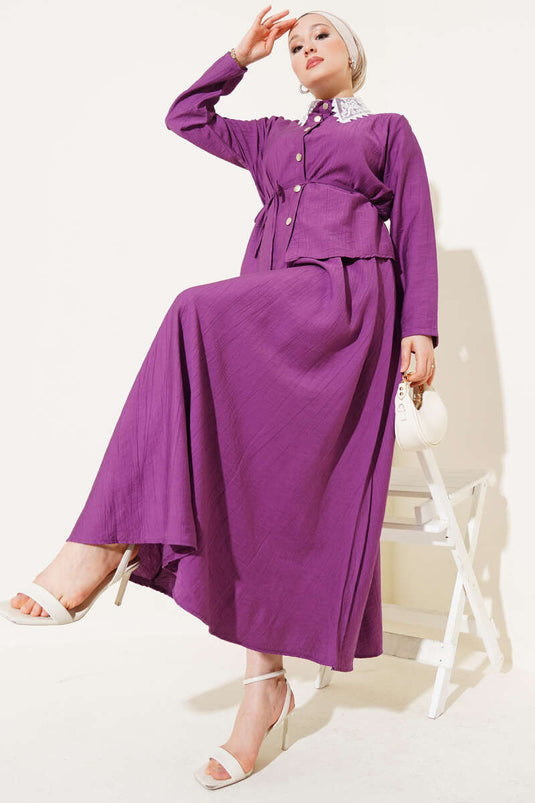 Lace Collar Skirted Two Piece Suit Magenta