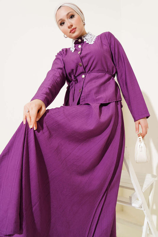 Lace Collar Skirted Two Piece Suit Magenta