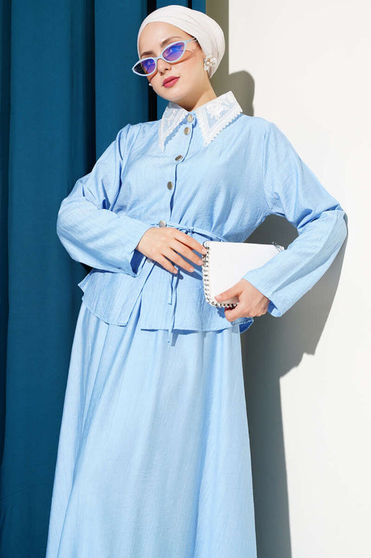 Lace Collar Skirted Two Piece Suit Blue