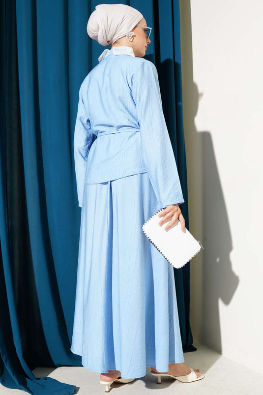 Lace Collar Skirted Two Piece Suit Blue