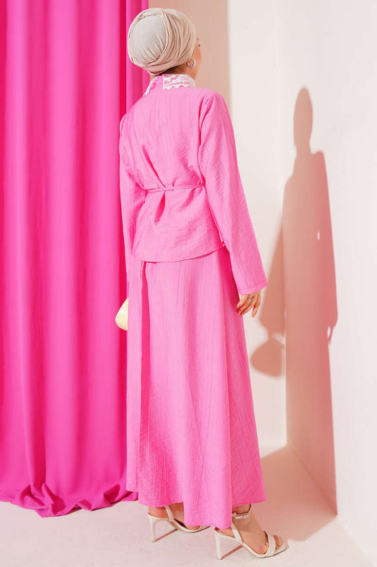 Dantel Yaka Etekli İkili Takım Pembe