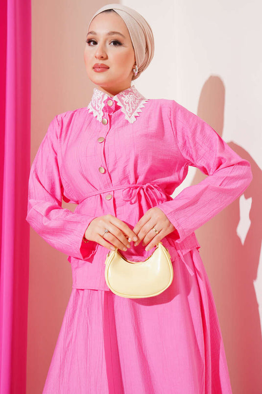 Dantel Yaka Etekli İkili Takım Pembe