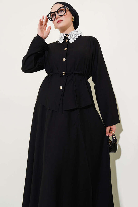 Dantel Yaka Etekli İkili Takım Siyah