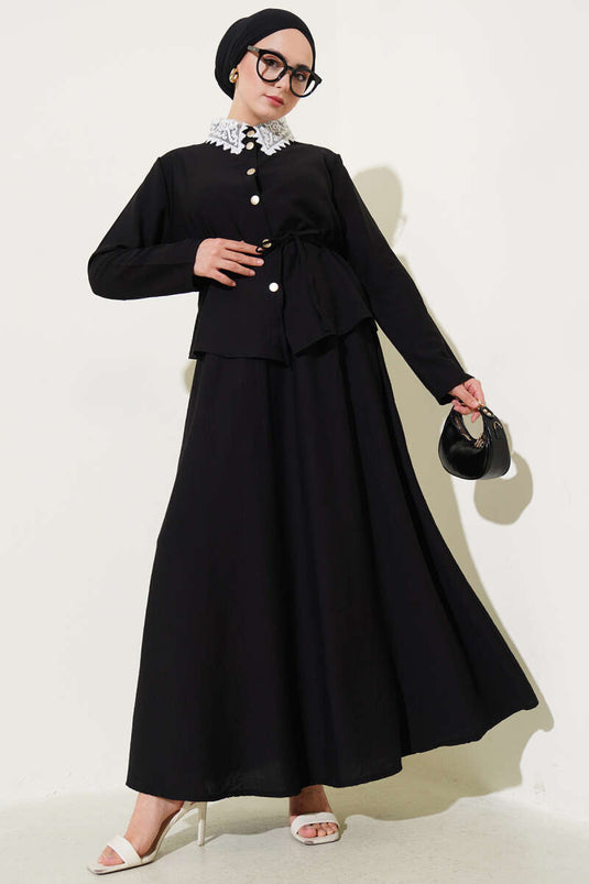 Dantel Yaka Etekli İkili Takım Siyah