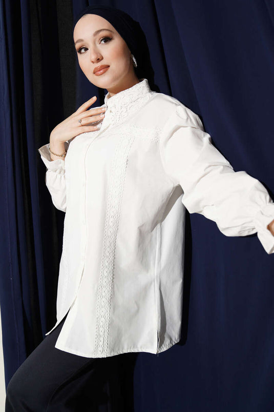 White Shirt with Lace Collar and Elastic Cuffs