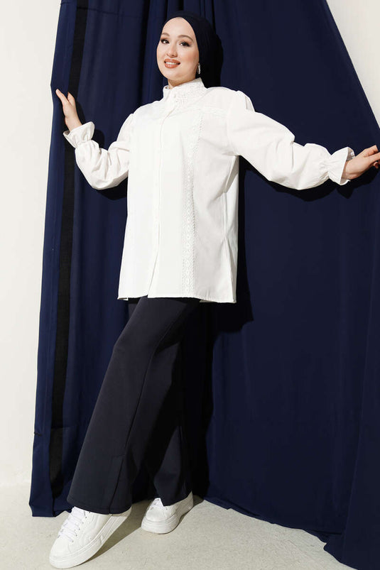 White Shirt with Lace Collar and Elastic Cuffs