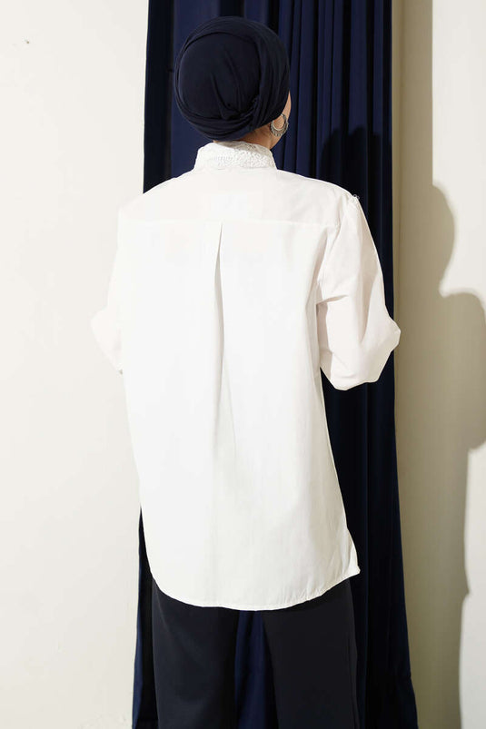 White Shirt with Lace Collar and Elastic Cuffs