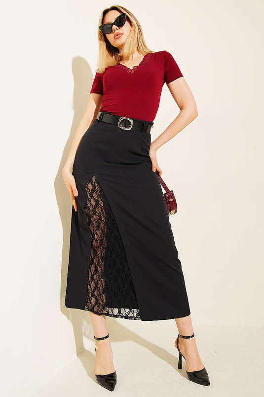 Black Lace Slit Belted Midi Skirt