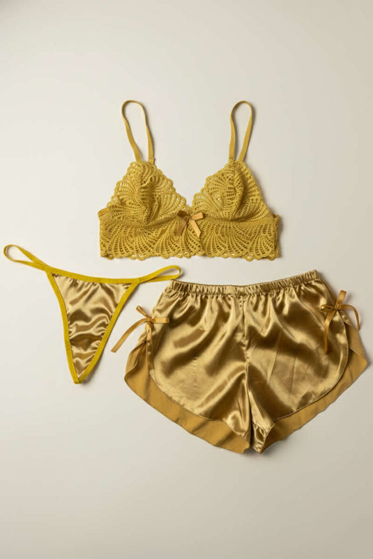 Lace 3-piece Corset Set Mustard