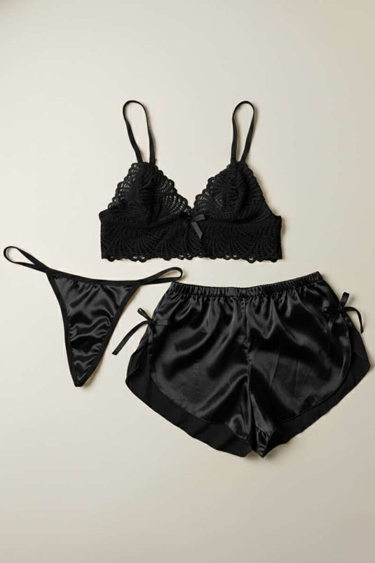 Dantelli 3'lü Büstiyer Takım Siyah