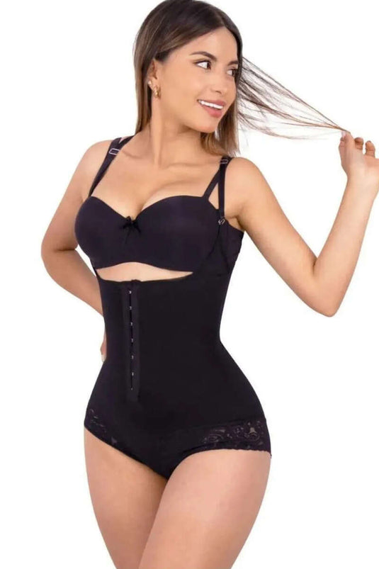 Lace-trimmed Crochet Bodysuit Corset, Black