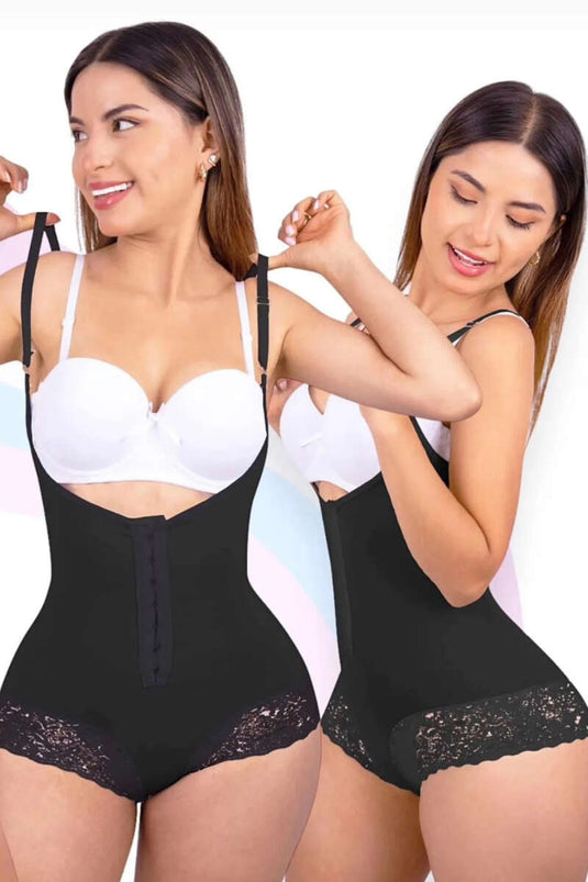 Lace-trimmed Crochet Bodysuit Corset, Black