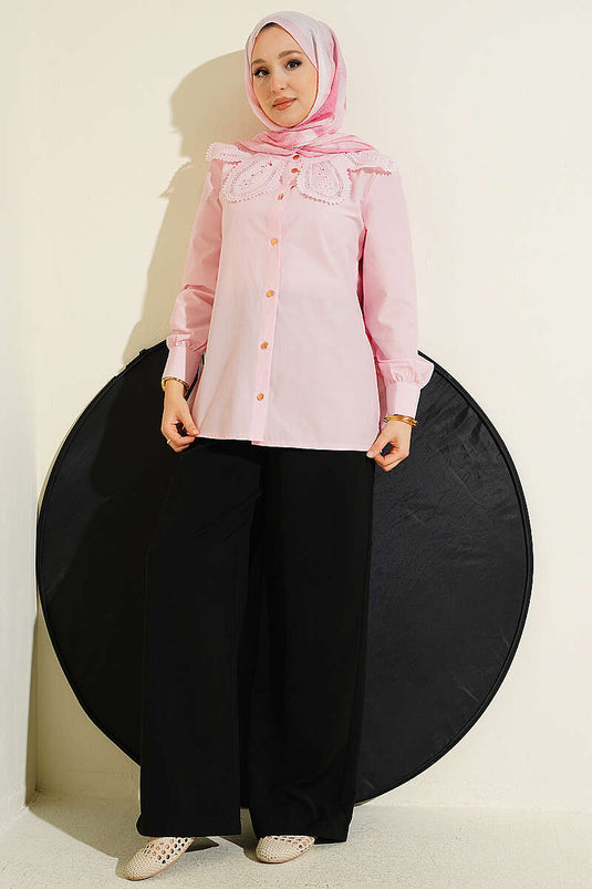 Dantelli Bebe Yakalı Poplin Gömlek Pembe