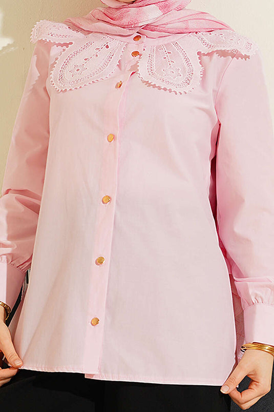 Dantelli Bebe Yakalı Poplin Gömlek Pembe