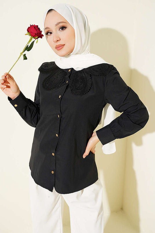 Dantelli Bebe Yakalı Poplin Gömlek Siyah