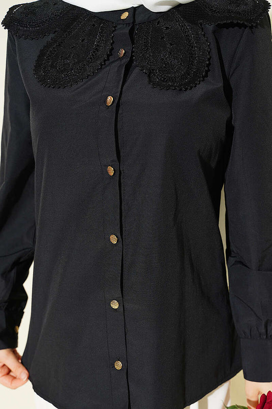Dantelli Bebe Yakalı Poplin Gömlek Siyah