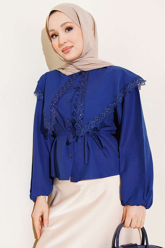 Lace-Trimmed Sailor Collar Short Shirt with Rope Belt Navy Blue