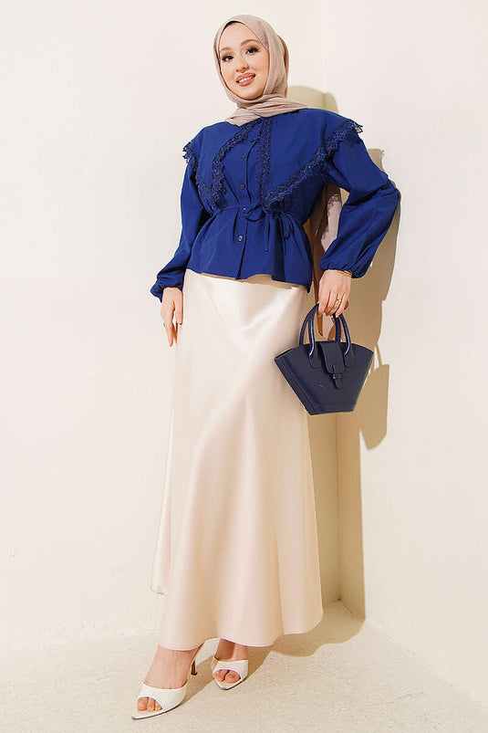 Lace-Trimmed Sailor Collar Short Shirt with Rope Belt Navy Blue