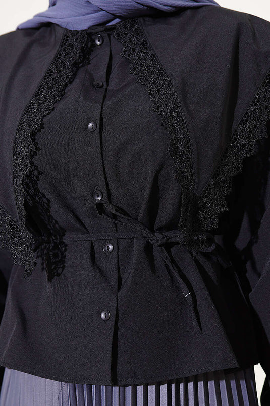 Dantelli Denizci Yaka Kısa Poplin Gömlek Siyah
