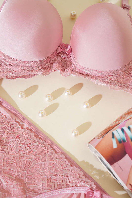 Ensemble soutien-gorge et brassière en dentelle brillante, rose poudré, rembourrée et dentelle