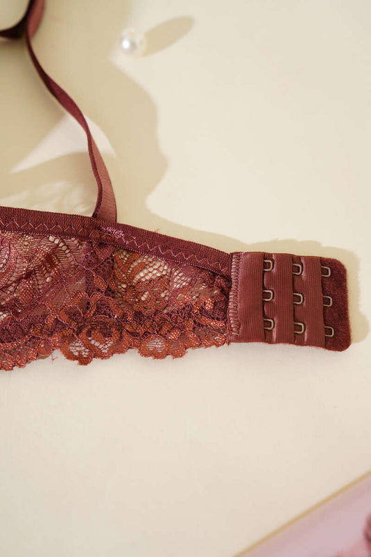 Ensemble soutien-gorge et brassière en dentelle brillante marron