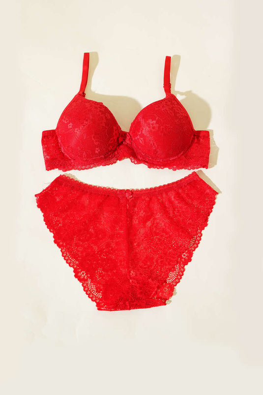 Dantelli Destekli Sütyen Takım Kırmızı