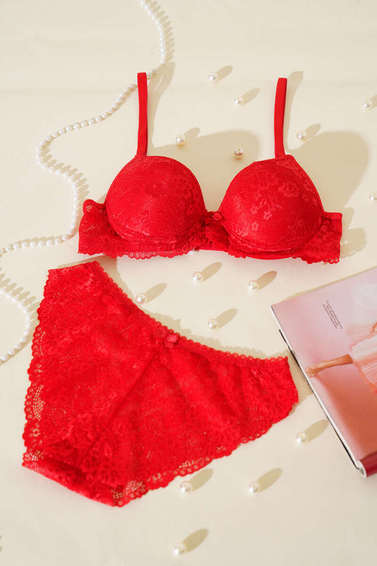 Dantelli Destekli Sütyen Takım Kırmızı