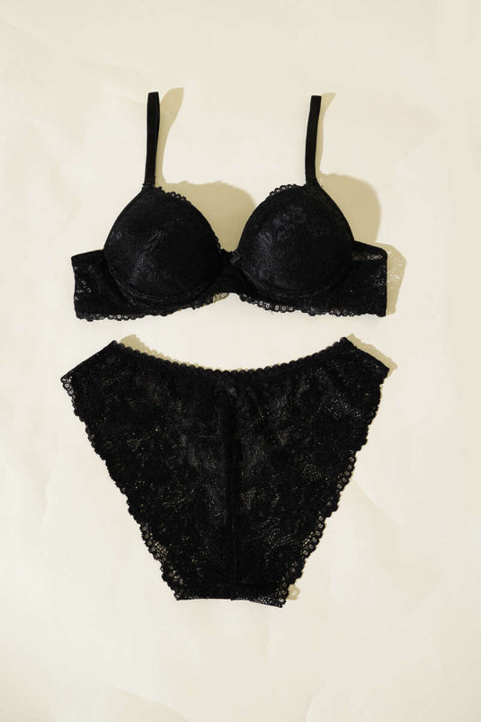 Lace Padded Bra Set Black