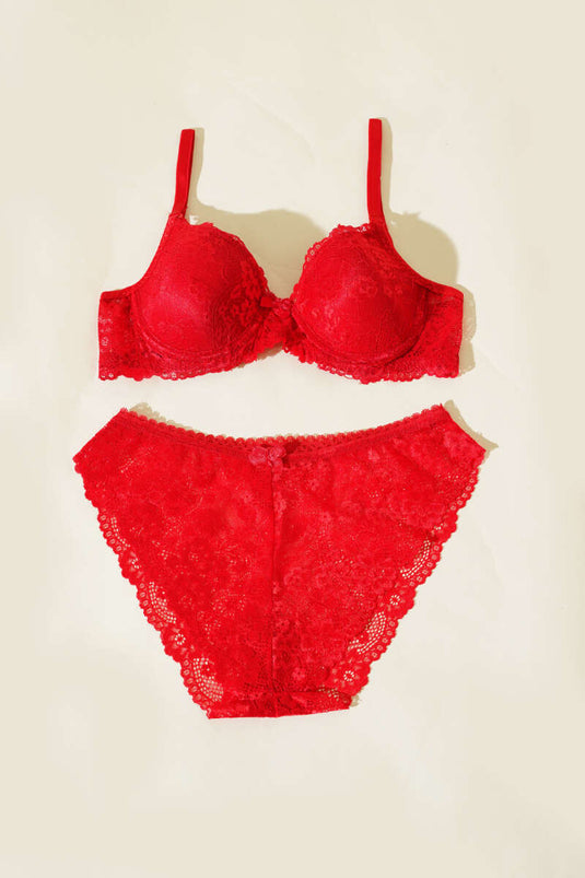 Dantelli Desteksiz Sütyen Takım Kırmızı