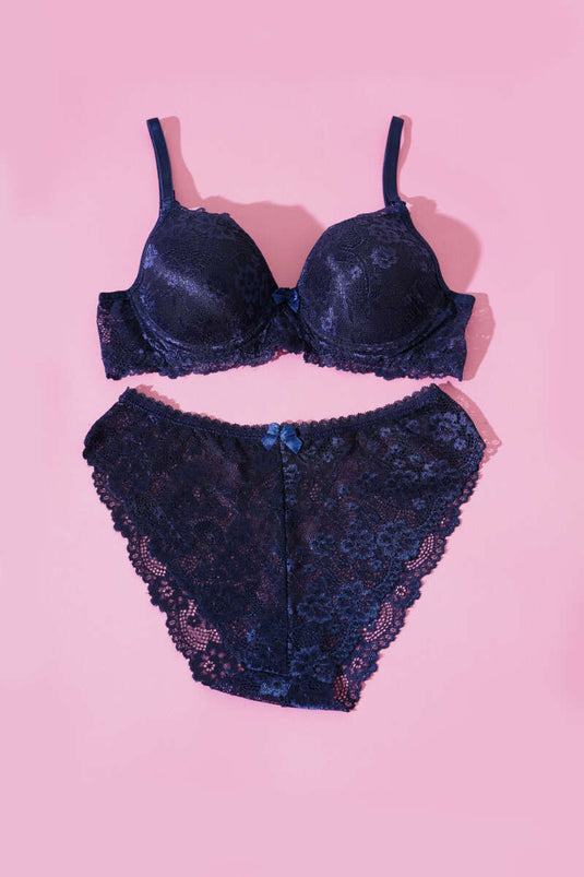 Dantelli Desteksiz Sütyen Takım Lacivert