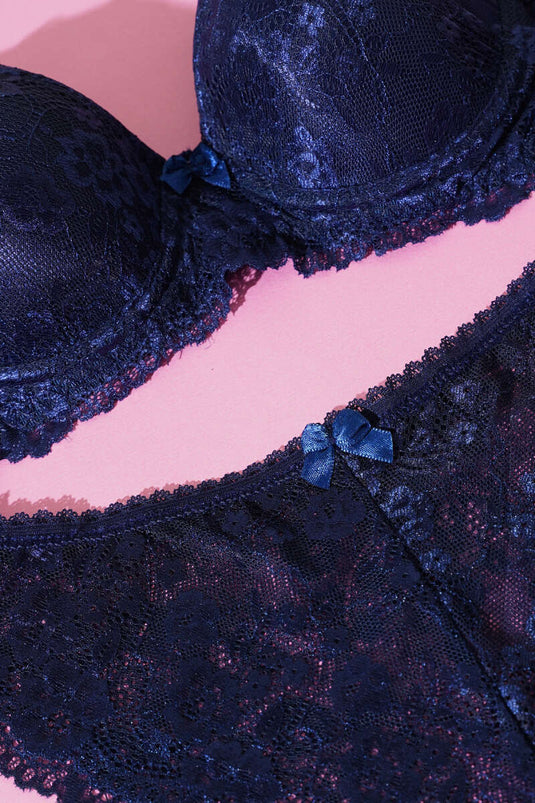 Dantelli Desteksiz Sütyen Takım Lacivert