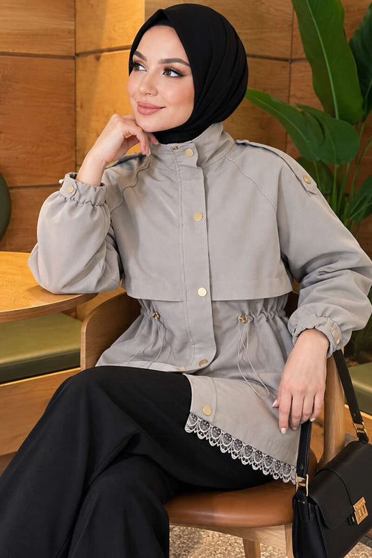 Grau Lederjacke Mit Spitze Und Reißverschluss