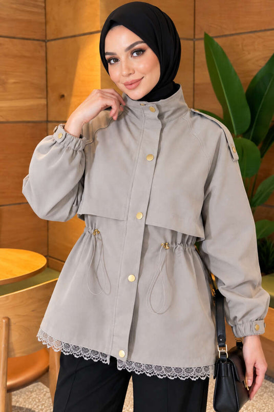 Grau Lederjacke Mit Spitze Und Reißverschluss