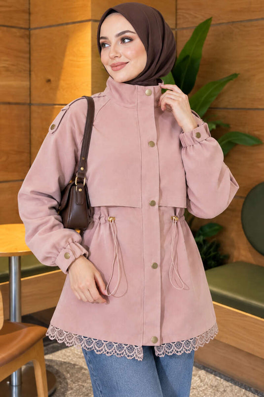 Trench-Coat À Fermeture Éclair Et Détails En Dentelle Poudré